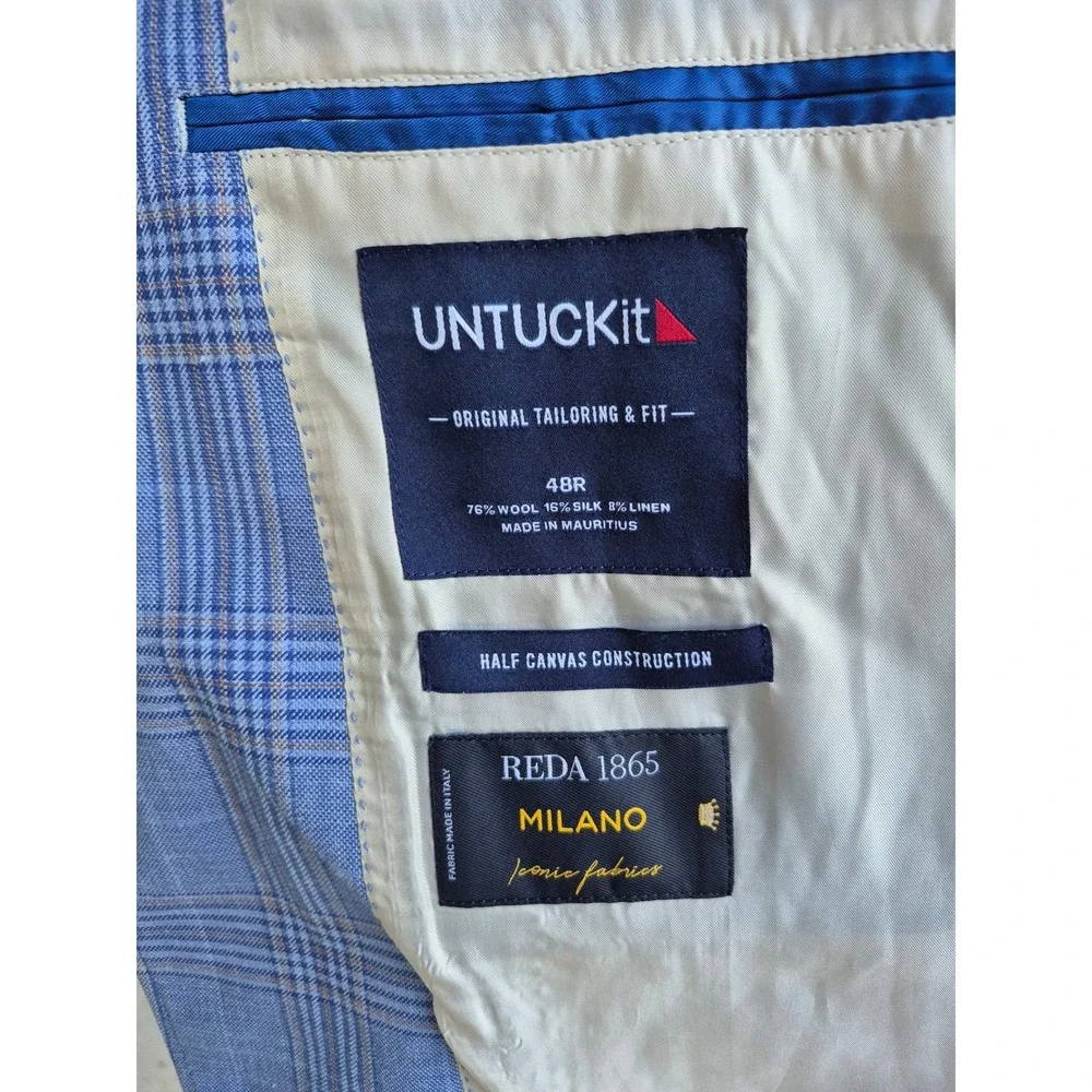 UNTUCKit Vasquez Blue Plaid Wool Silk Linen Sport Coat Blazer 48R Reda‎ Fabric